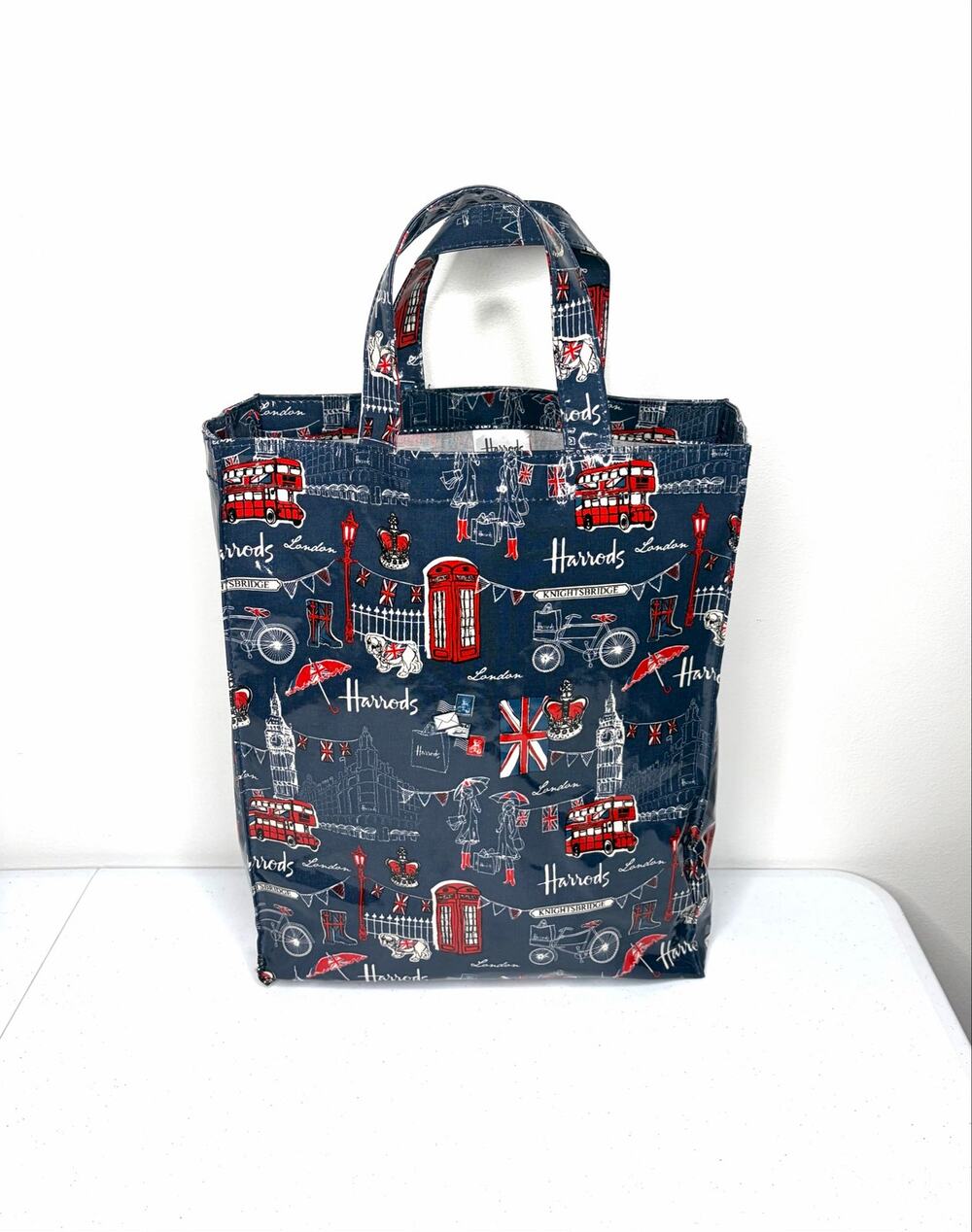 Harrods Navy Vinyl Tote Bag All Over London Landmark Print